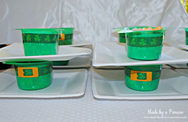 Kids St Patricks Day Party Ideas Lucky Charm cereal in leprechaun hat bowls