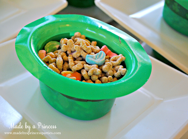 Kids St Patricks Day Party Ideas Lucky Charm cereal in leprechaun hat bowls