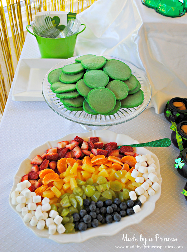 Kids St Patricks Day Party Ideas mini green pancakes and rainbow fruit