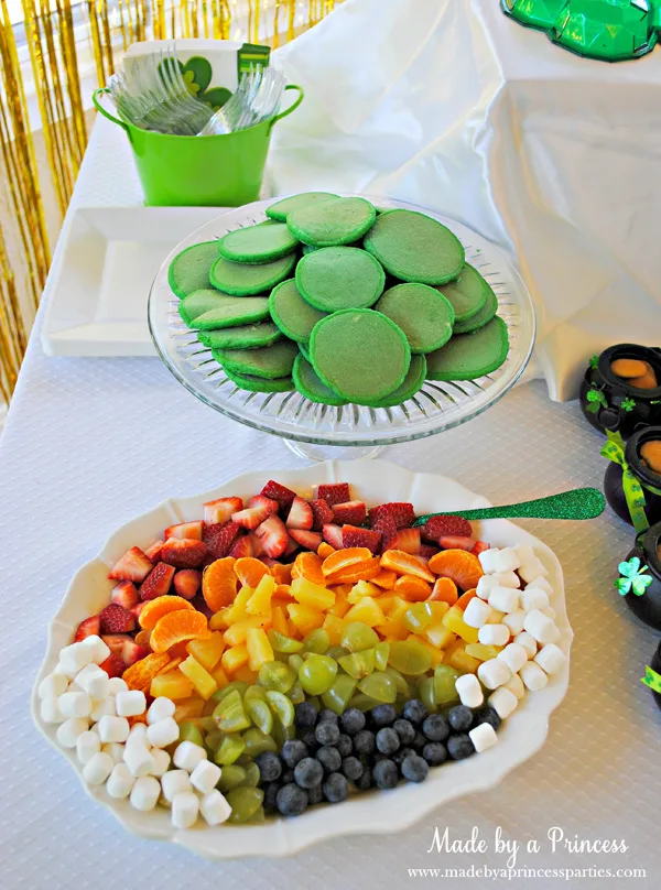 Kids St Patricks Day Party Ideas mini green pancakes and rainbow fruit