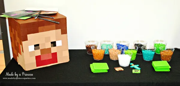 Ultimate Minecraft Birthday Party Perler bead station for kids to create their own character #minecraft #minecraftparty