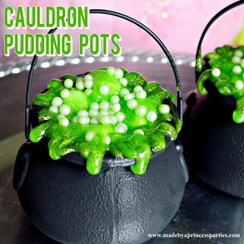 Cauldron Pudding Pots with sparkly green icing is just what you need this Halloween #halloweenparty #halloweentreats #halloweenfood @madebyaprincess
