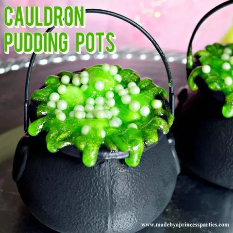 Cauldron Pudding Pots with sparkly green icing is just what you need this Halloween #halloweenparty #halloweentreats #halloweenfood @madebyaprincess