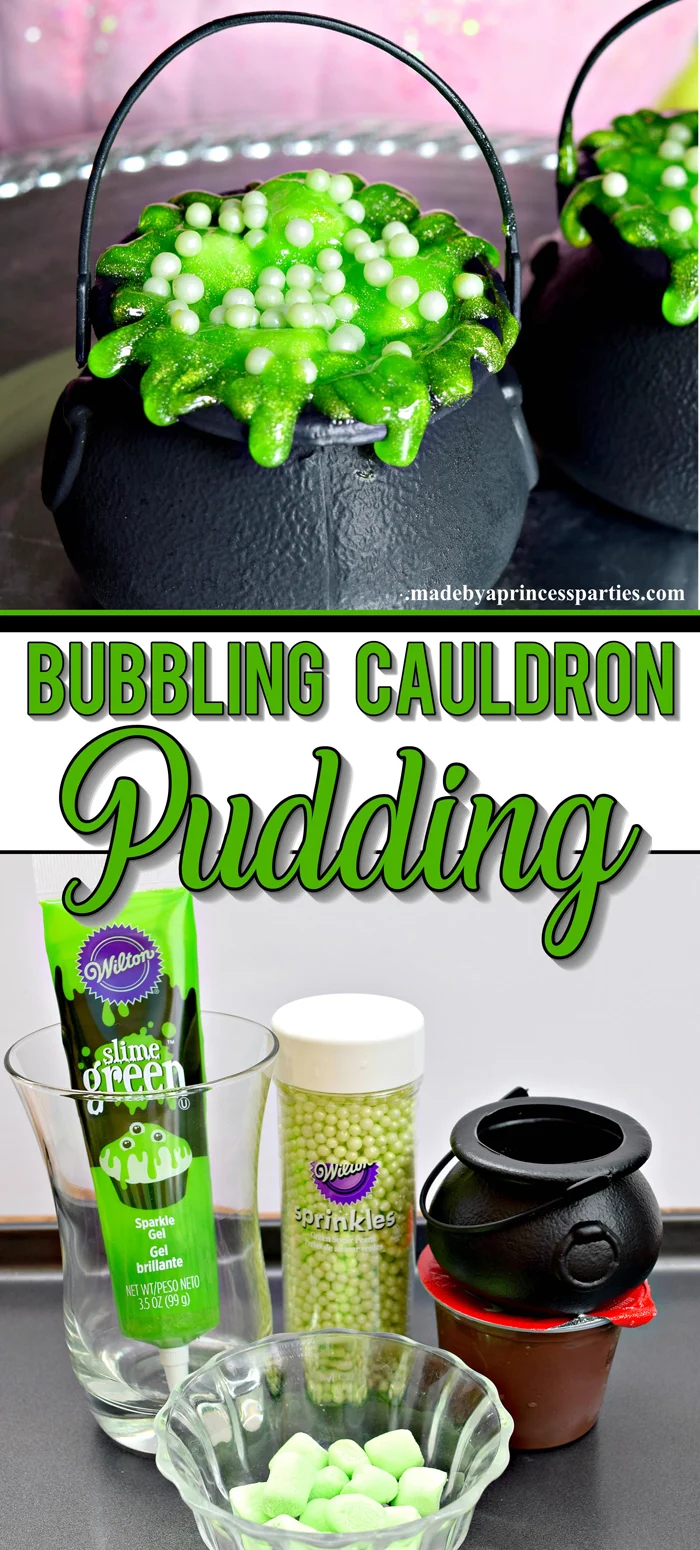 Hosting a witch themed party. Bubbling witch cauldron pudding pots are the perfect Halloween Witch Party Food #halloweenpartyfood #witchpartyfood