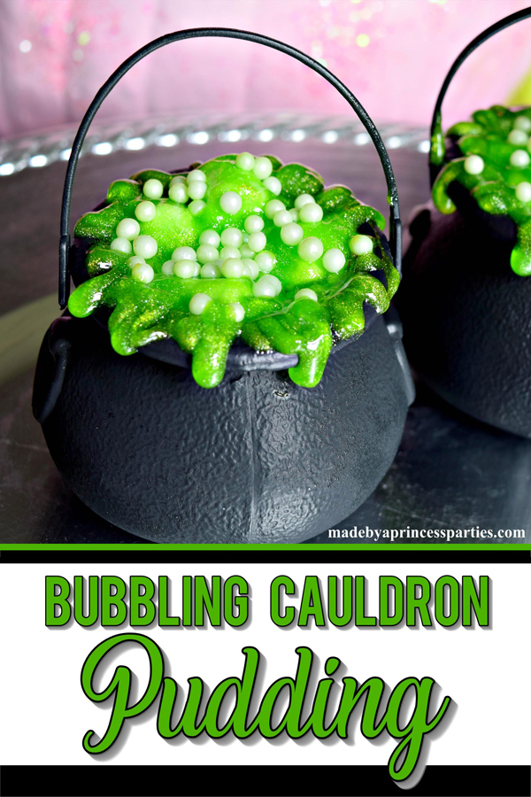 Hosting a witch themed party. Bubbling witch cauldron pudding pots are the perfect Halloween Witch Party Food #witchpartyfood #halloweenfoodideas