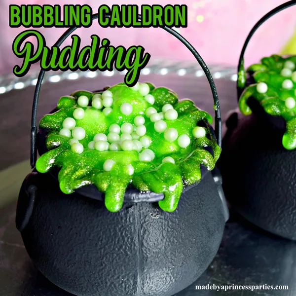 Hosting a witch themed party. Bubbling witch cauldron pudding pots are the perfect Halloween Witch Party Food