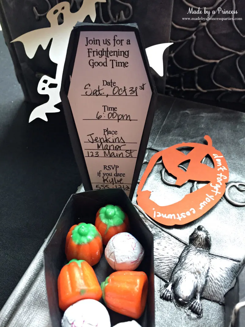 Spooky Halloween Coffin Invitations filled with candy