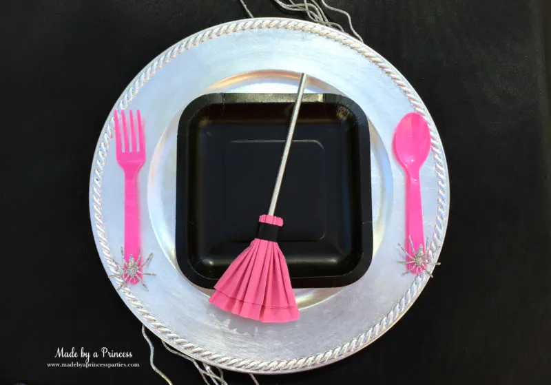 witches broom pink napkin place setting