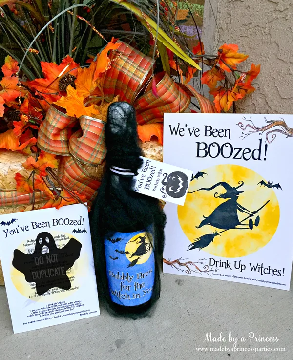 You've Been BOOzed printables shown here with wine bottle tags, instructions, and window sign.