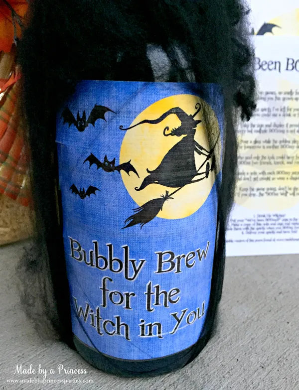 Close up of You've Been BOOzed wine bottle label that reads, "Bubbly Brew for the Witch in You"