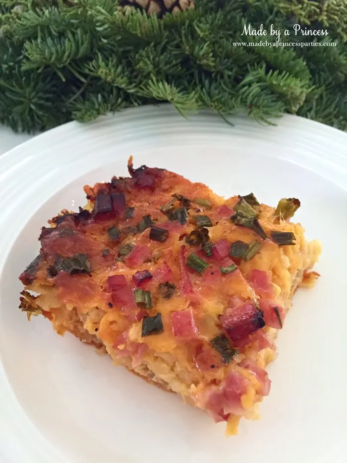 Christmas morning casserole is loaded with ham, cheese, and tater tots