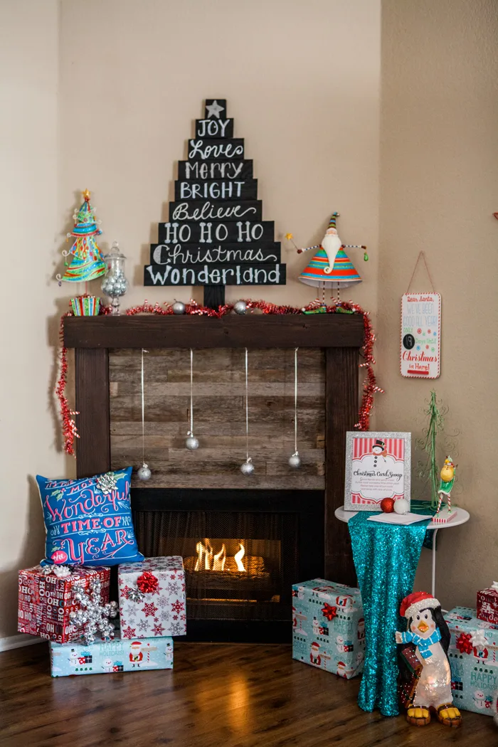 candy cane lane christmas party fire place