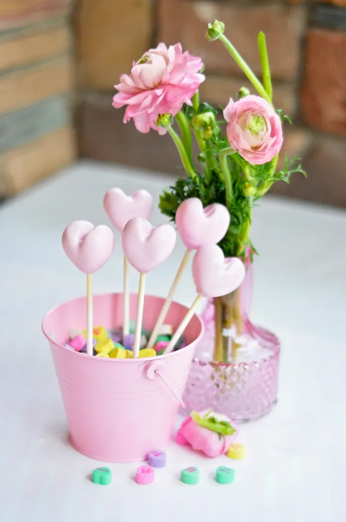 Valentines Day Garden Party heart cake pops in conversation hearts