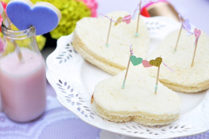 Valentines Day Garden Party heart sandwiches with mini flags