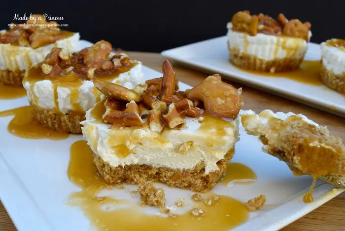 easy creamy pretzel crust no bake cheesecake dripping with caramel 2