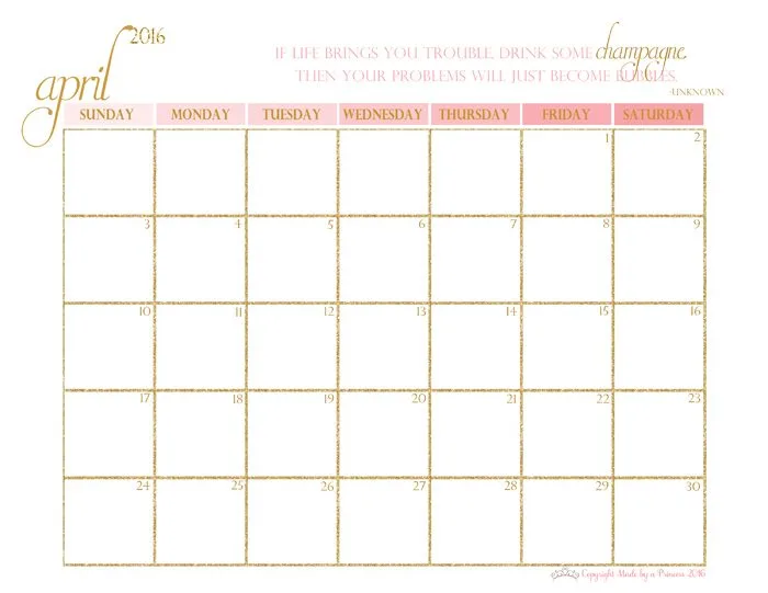 made by a princess free printable calendar 2016 april
