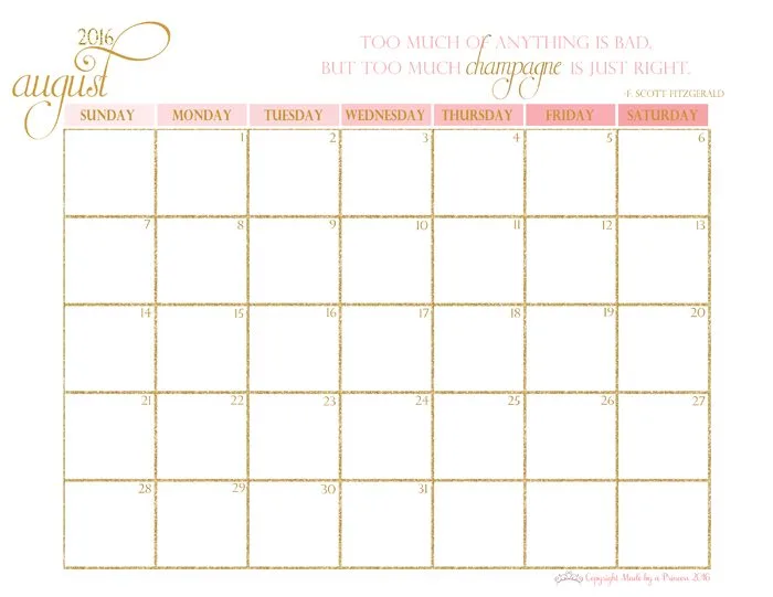 made by a princess free printable calendar 2016 august
