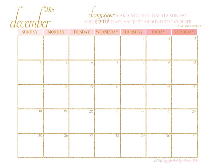 made by a princess free printable calendar 2016 december