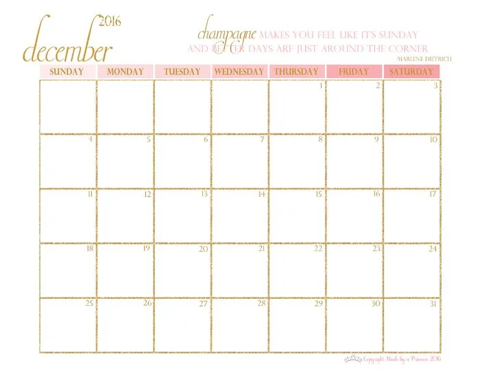 made by a princess free printable calendar 2016 december