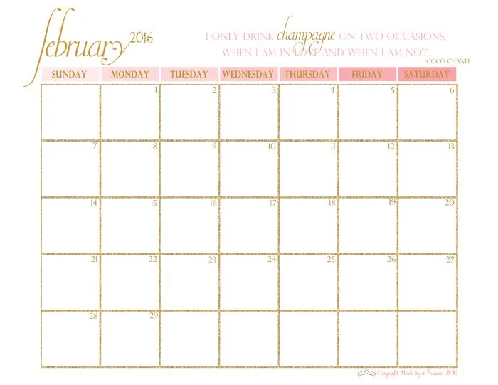 made by a princess free printable calendar 2016 february