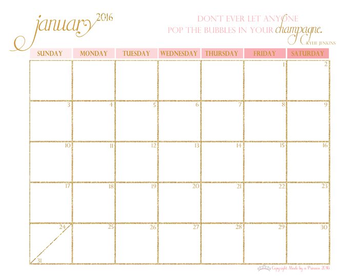 made by a princess free printable calendar 2016 january