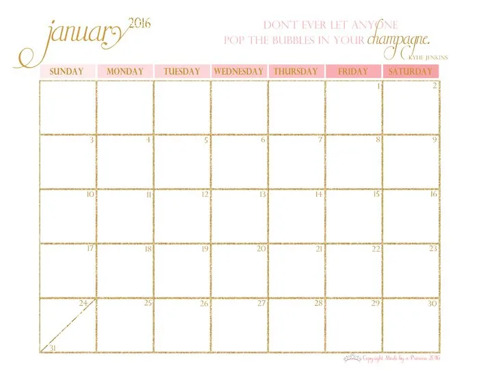made by a princess free printable calendar 2016 january
