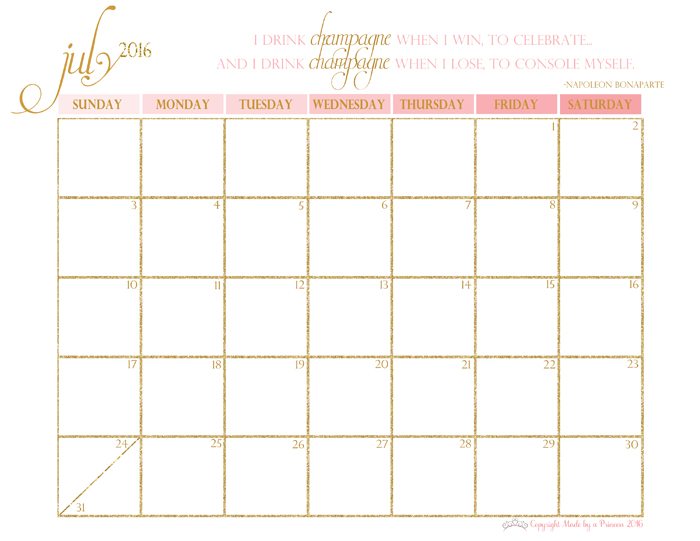 made by a princess free printable calendar 2016 july