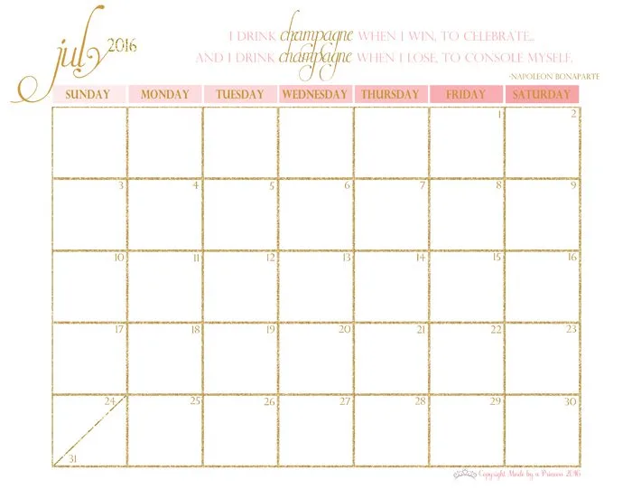 made by a princess free printable calendar 2016 july