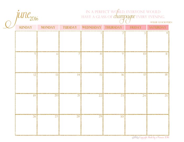 made by a princess free printable calendar 2016 june