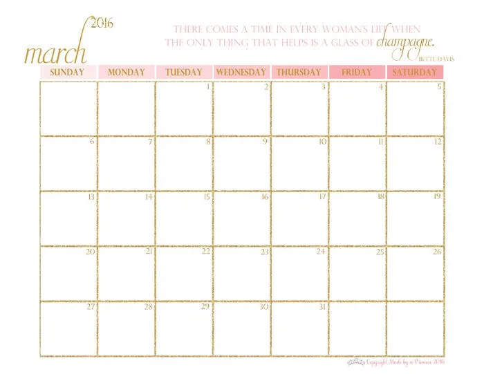 made by a princess free printable calendar 2016 march