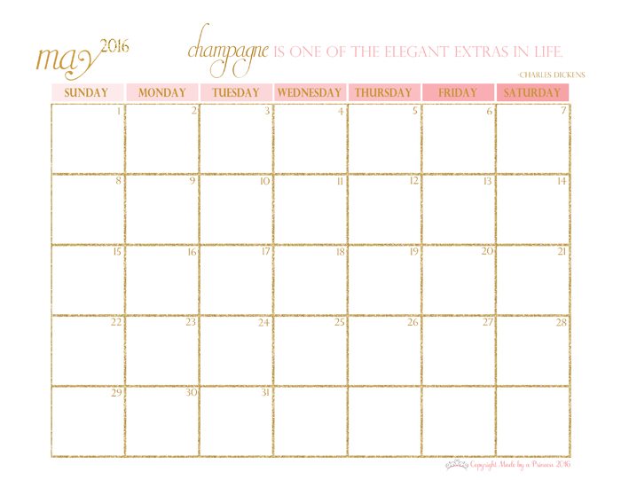 made by a princess free printable calendar 2016 may