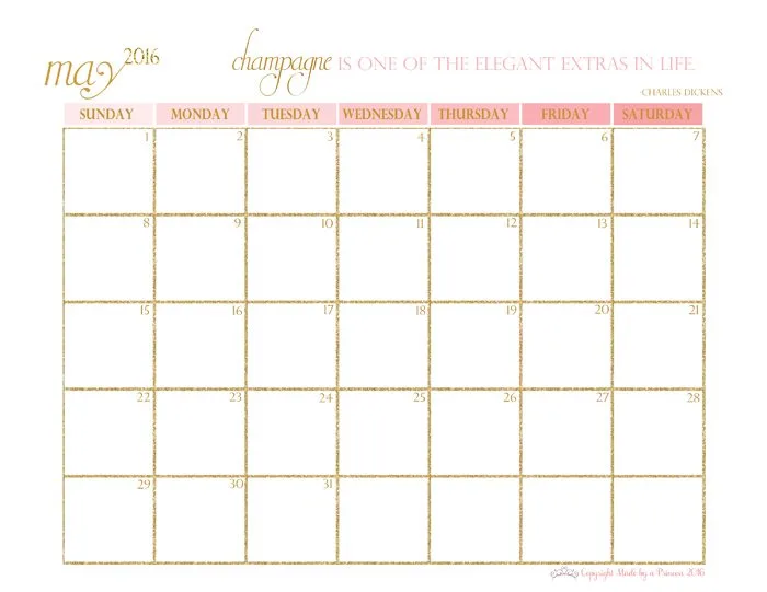 made by a princess free printable calendar 2016 may