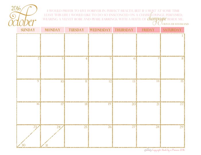 made by a princess free printable calendar 2016 october