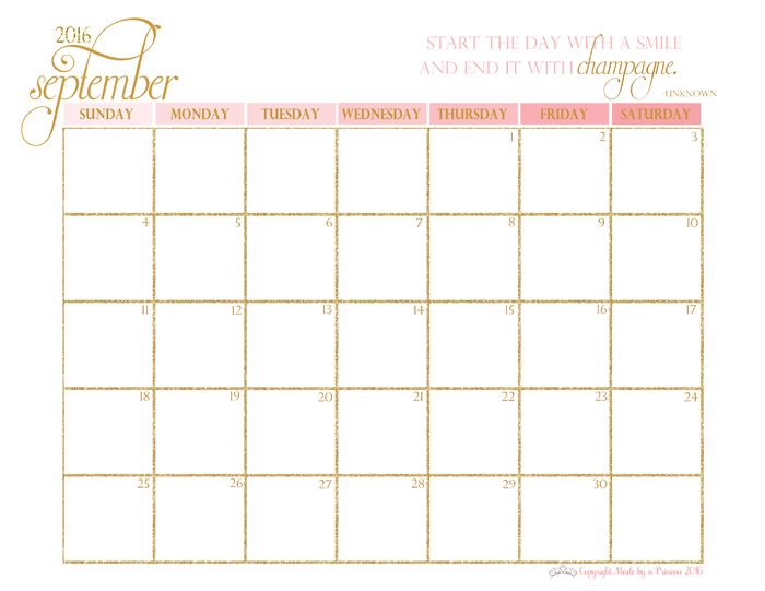 made by a princess free printable calendar 2016 september