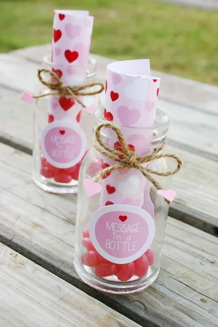 message in a bottle valentines party favors with jelly beans
