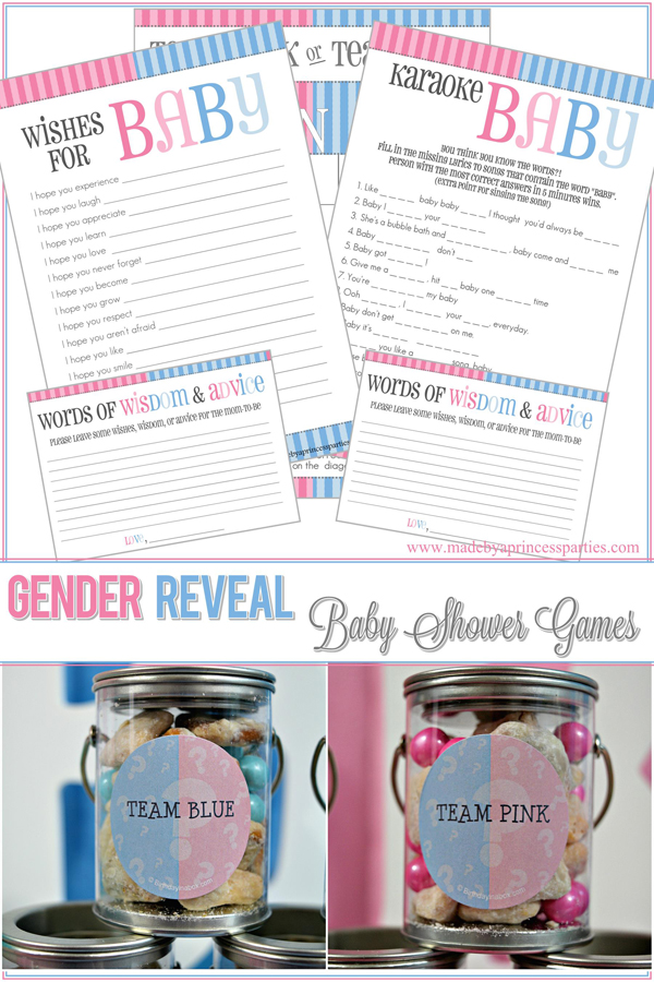 Gender Reveal Party Games - click the link for free gender reveal baby shower games printables @madebyaprincess #genderrevealparty