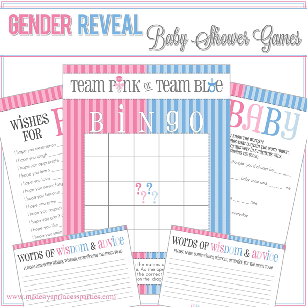 Gender Reveal Party Games - click the link for free gender reveal party games printables @madebyaprincess