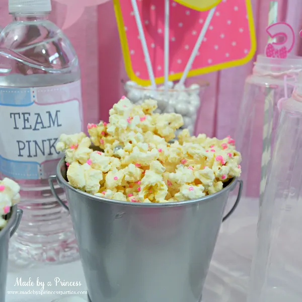 Gender Reveal Party Ideas candy sprinkled popcorn for Team Pink