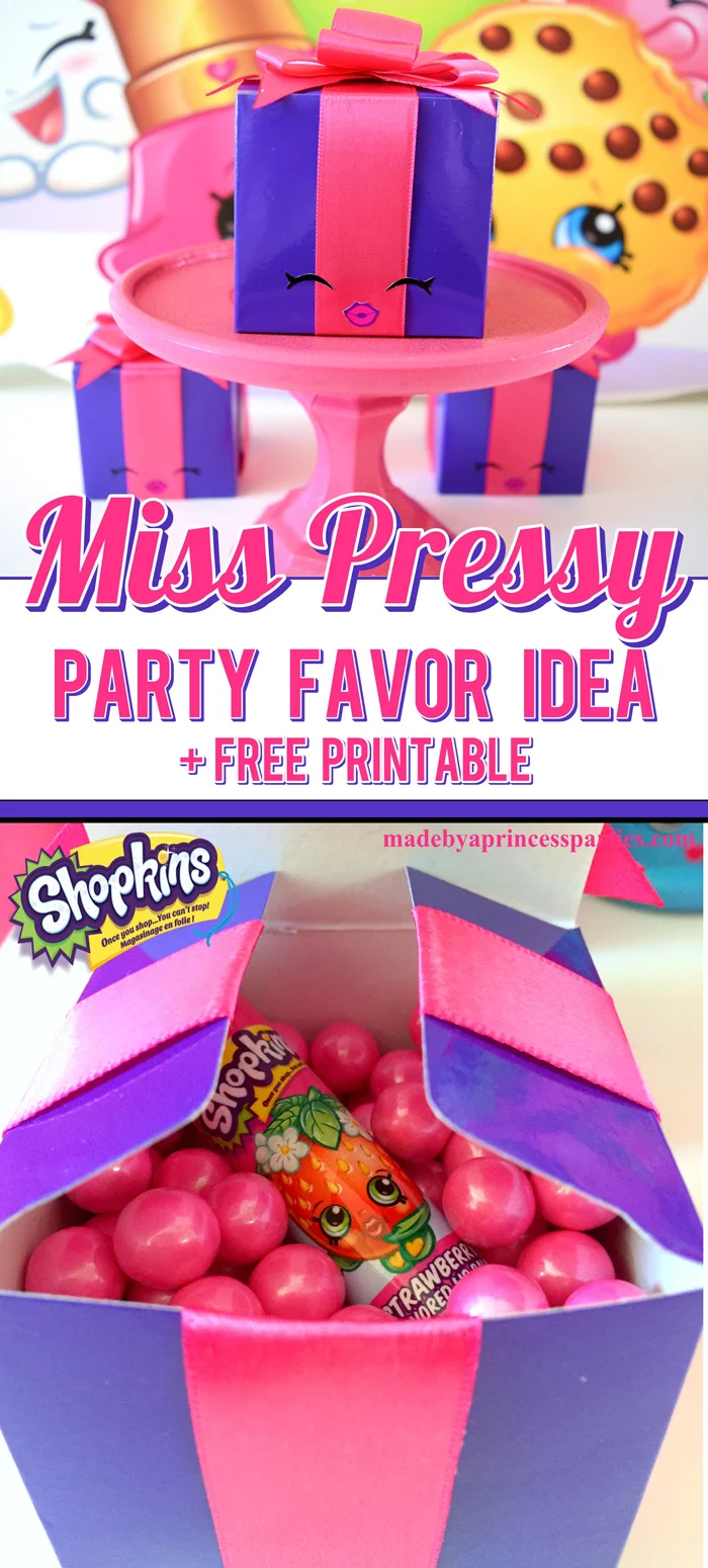 All you need to make the cutest Shopkins Miss Pressy Party Favor ever is a purple box and hot pink ribbon. Download the free stickers @madebyaprincess