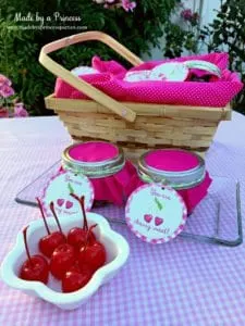 Mason Jar Cherry Brownies in a basket with custom printables