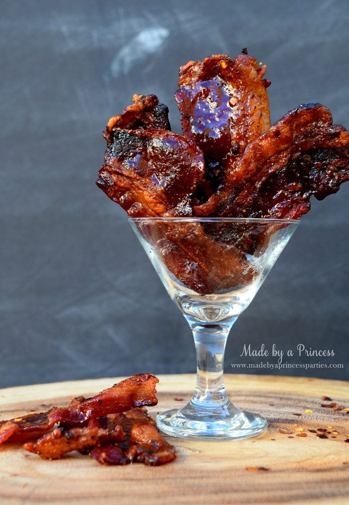 Man Candy Sweet Spicy Candied Bacon Recipe served in a mini martini glass