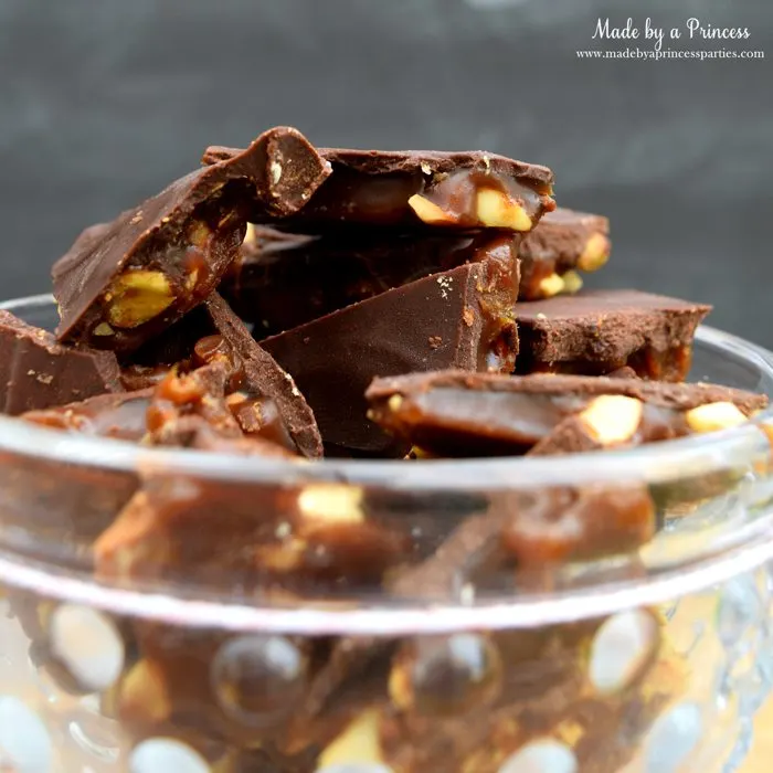 Dark Chocolate English Toffee Recipe serve or gift in a pretty bowl with gift tag