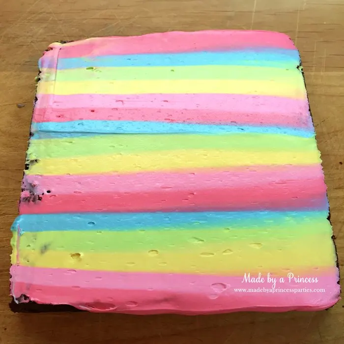 Unicorn Party Rainbow Brownies Recipe blended frosting on brownie