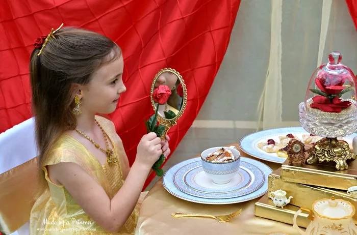 BEAUTY AND THE BEAST Themed Tea Party for Two. Create a pretty enchanted mirror simply by spray painting a dollar store mirror gold