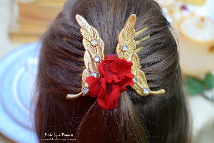 BEAUTY AND THE BEAST Themed Tea Party for Two...Belle with golden feather hair combs