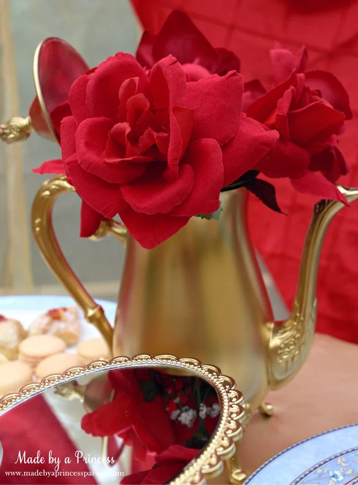 BEAUTY AND THE BEAST Themed Tea Party for Two. Spray paint a thrift store teapot find gold and add red roses