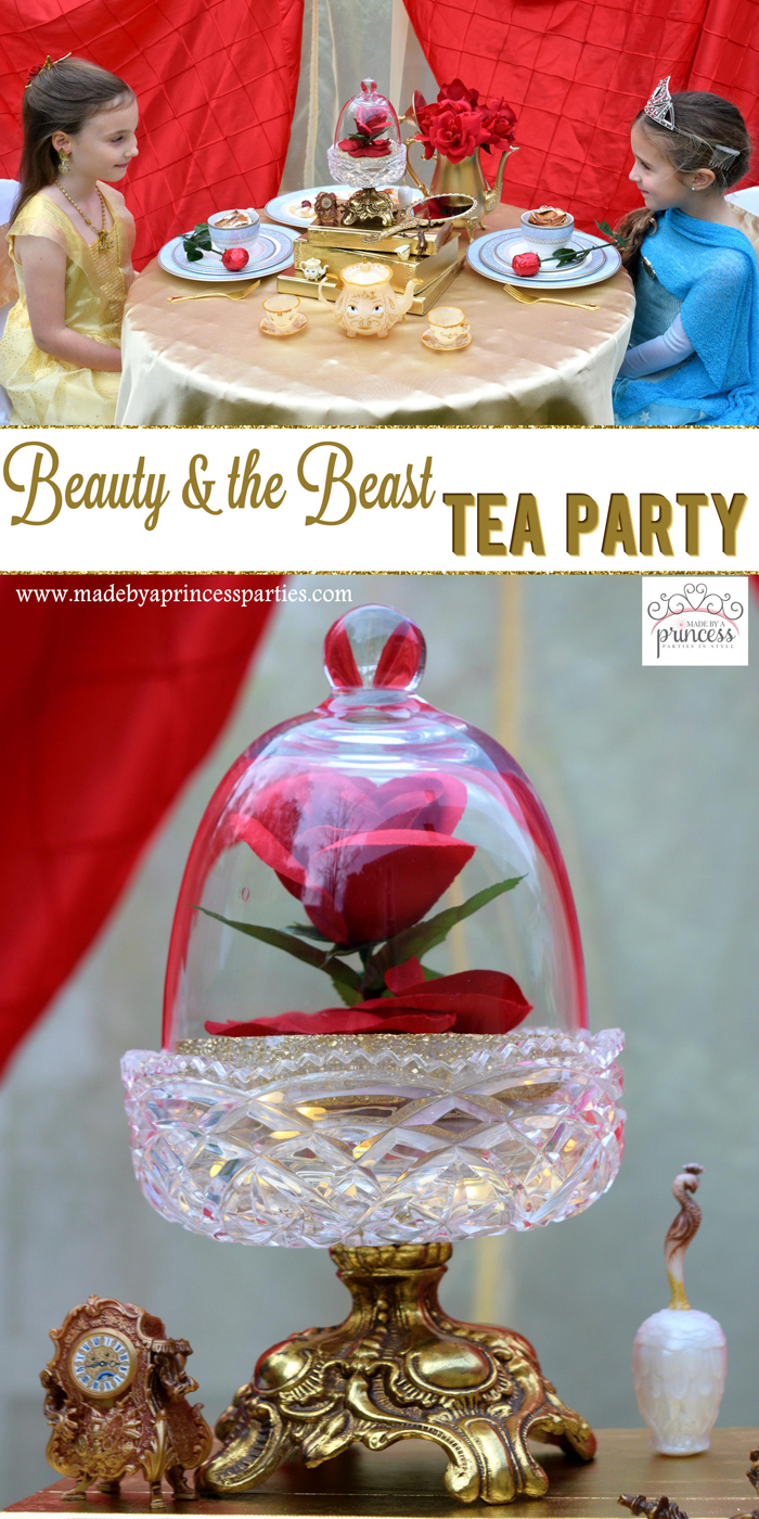 Host a quaint BEAUTY AND THE BEAST Themed Tea Party for Two. Party ideas include using red table cloths to create a dramatic and beautiful backdrop. #beautyandthebeast #teaparty #belle #belleparty #beautyandthebeastparty