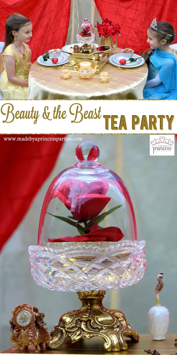 Host a quaint BEAUTY AND THE BEAST Themed Tea Party for Two. Party ideas include using red table cloths to create a dramatic and beautiful backdrop. #beautyandthebeast #teaparty #belle #belleparty #beautyandthebeastparty