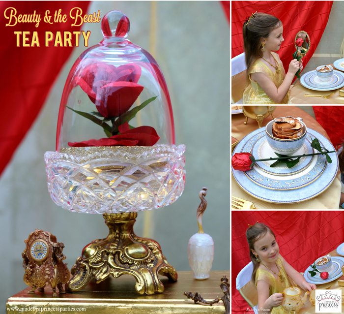 Host a quaint BEAUTY AND THE BEAST Themed Tea Party for Two. Party ideas include using red table cloths to create a dramatic and beautiful backdrop. #beautyandthebeast #teaparty #belle #belleparty #beautyandthebeastparty