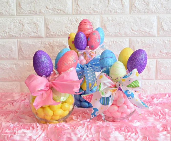 Creative Dollar Store Easter Centerpiece Tutorial three vases full of eggs